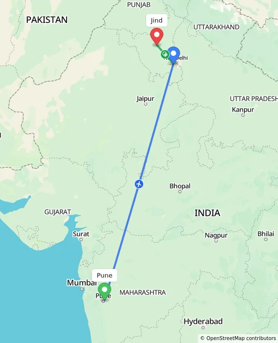 Route map showing distance and travel time from Pune, India to Jind, India