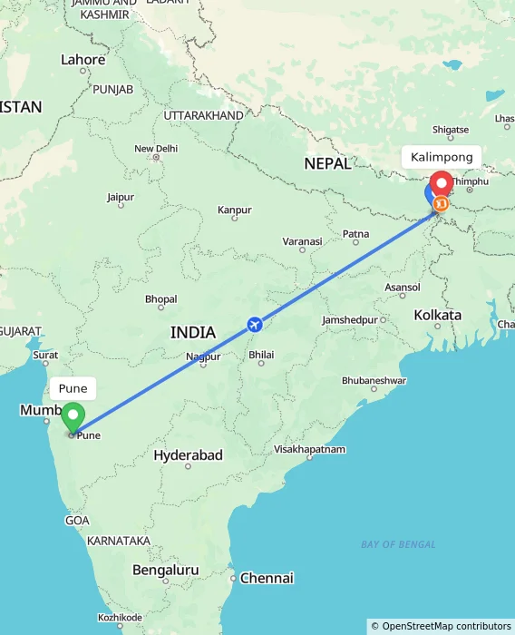 Route map showing distance and travel time from Pune, India to Kalimpong, India