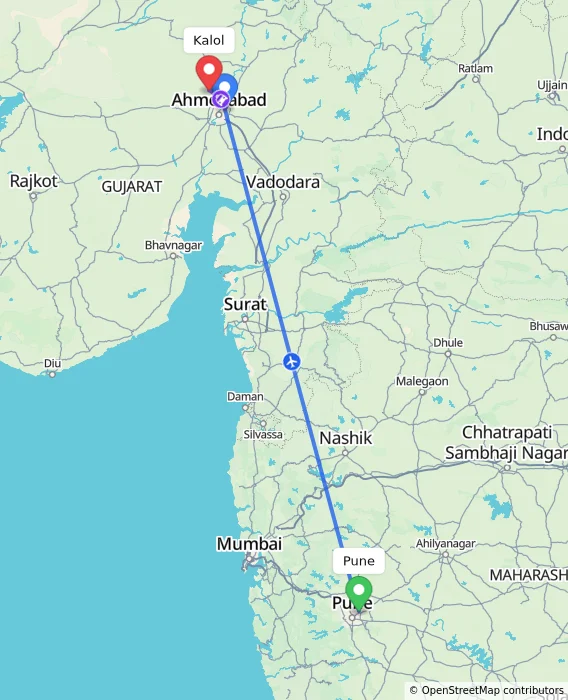 Route map showing distance and travel time from Pune, India to Kalol, India