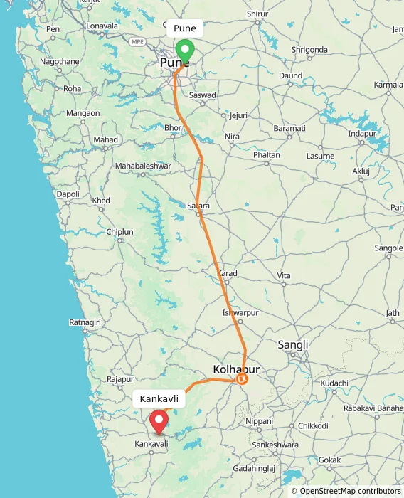 Route map showing distance and travel time from Pune, India to Kankavli, India