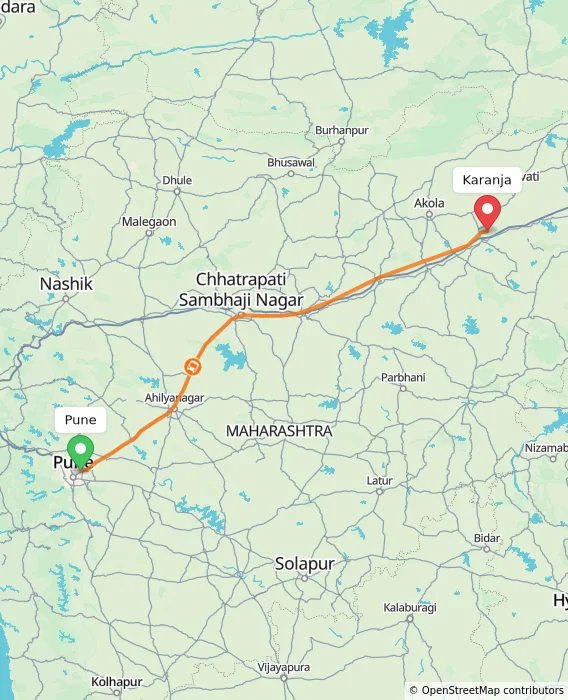 Route map showing distance and travel time from Pune, India to Karanja, India