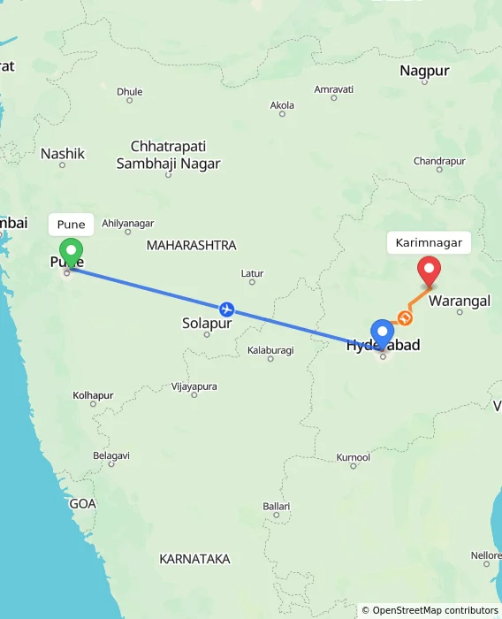 Route map showing distance and travel time from Pune, India to Karimnagar, India