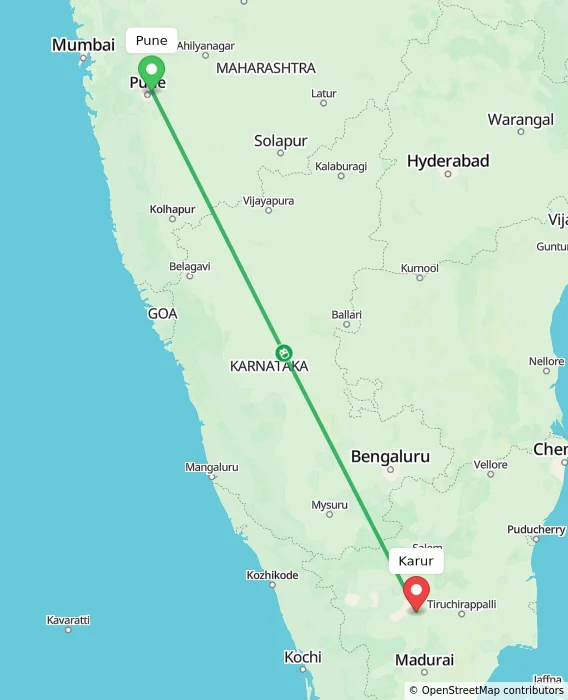 Route map showing distance and travel time from Pune, India to Karur, India