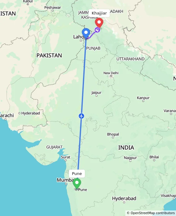 Route map showing distance and travel time from Pune, India to Khajjiar, India