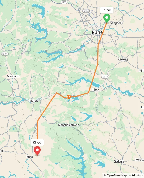 Route map showing distance and travel time from Pune, India to Khed, India