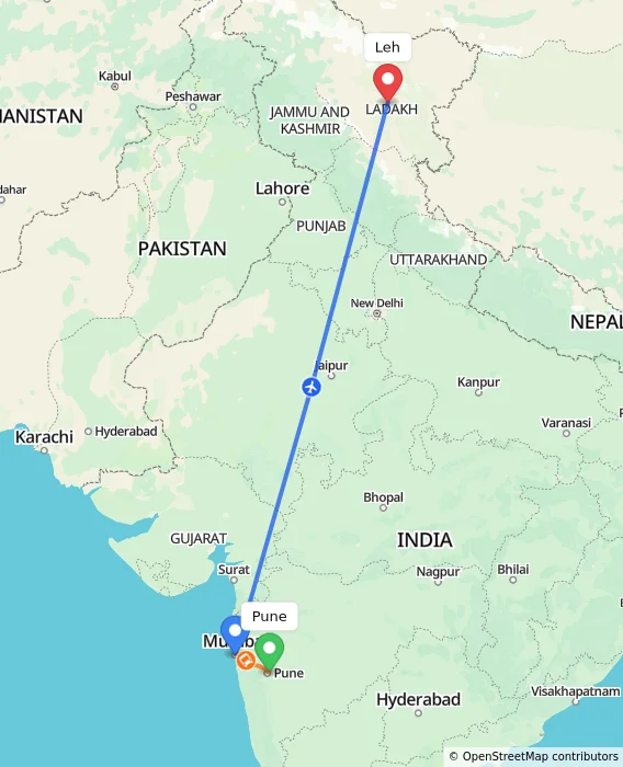 Route map showing distance and travel time from Pune, India to Leh, India
