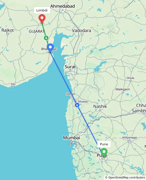 Route map showing distance and travel time from Pune, India to Limbdi, India
