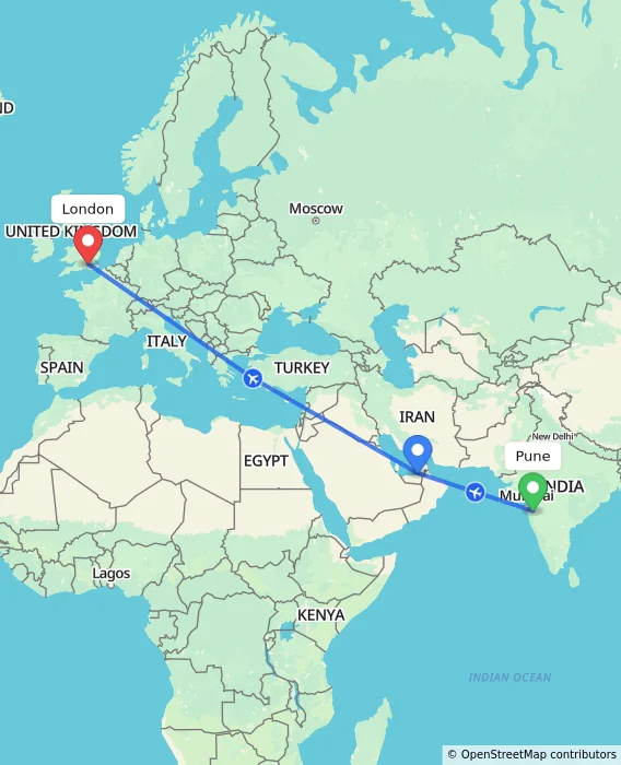 Route map showing distance and travel time from Pune, India to London, United Kingdom