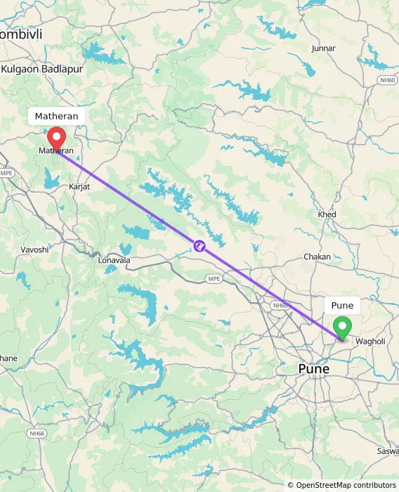 Route map showing distance and travel time from Pune, India to Matheran, India