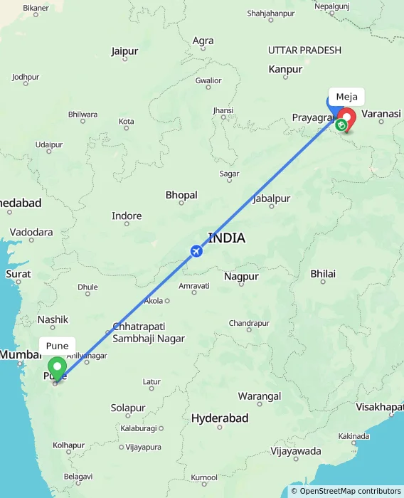 Route map showing distance and travel time from Pune, India to Meja, India