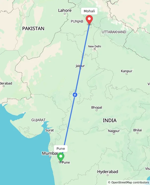 Route map showing distance and travel time from Pune, India to Mohali, India
