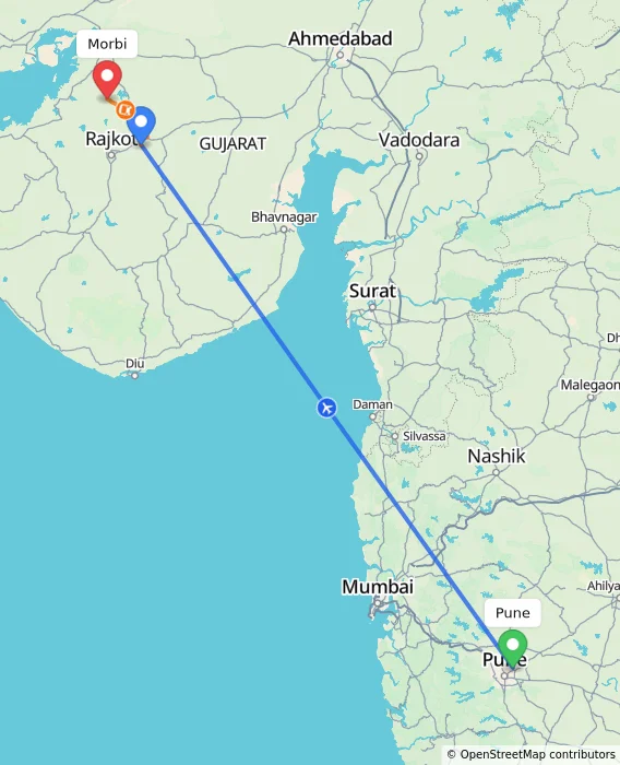 Route map showing distance and travel time from Pune, India to Morbi, India