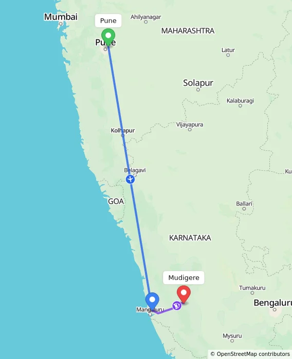 Route map showing distance and travel time from Pune, India to Mudigere, India