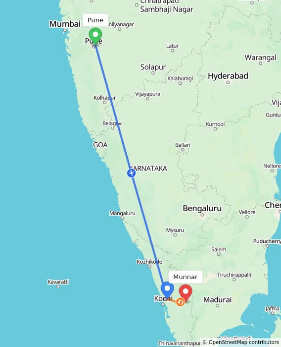 Route map showing distance and travel time from Pune, India to Munnar, India