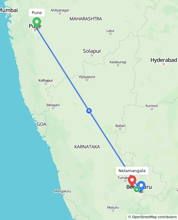 Route map showing distance and travel time from Pune, India to Nelamangala, India