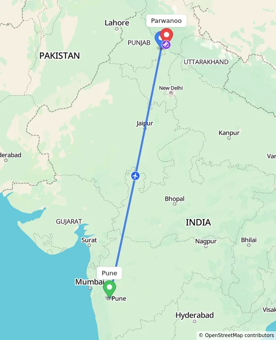Route map showing distance and travel time from Pune, India to Parwanoo, India