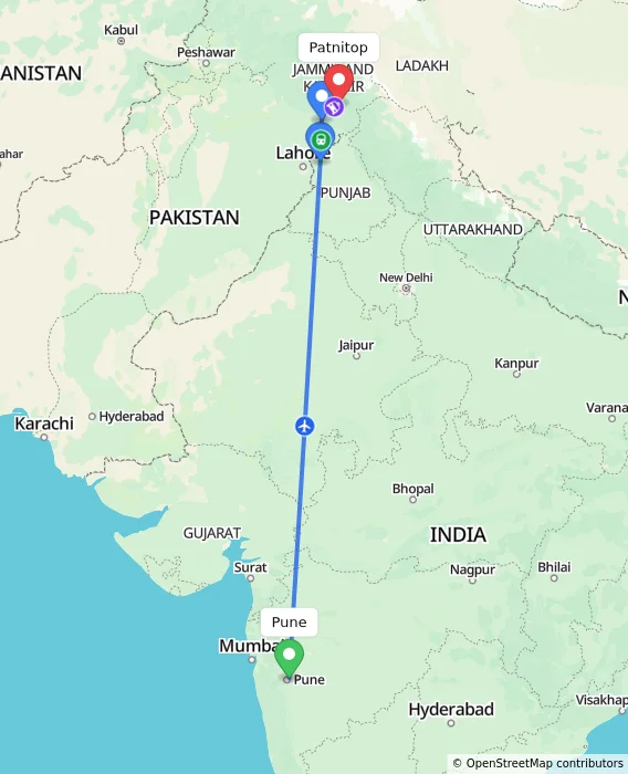 Route map showing distance and travel time from Pune, India to Patnitop, India