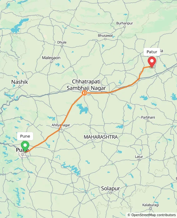 Route map showing distance and travel time from Pune, India to Patur, India