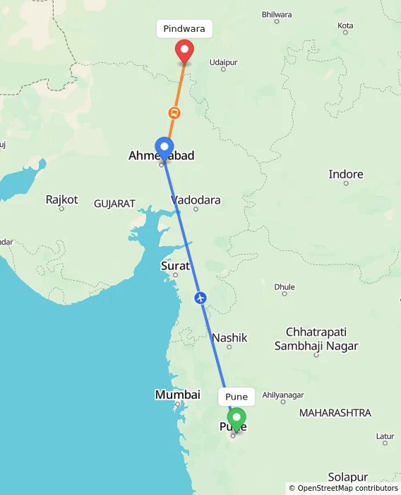 Route map showing distance and travel time from Pune, India to Pindwara, India