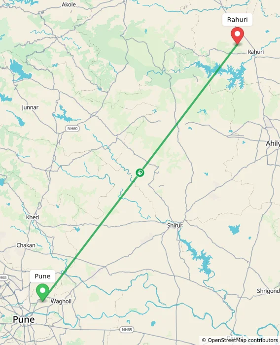 Route map showing distance and travel time from Pune, India to Rahuri, India