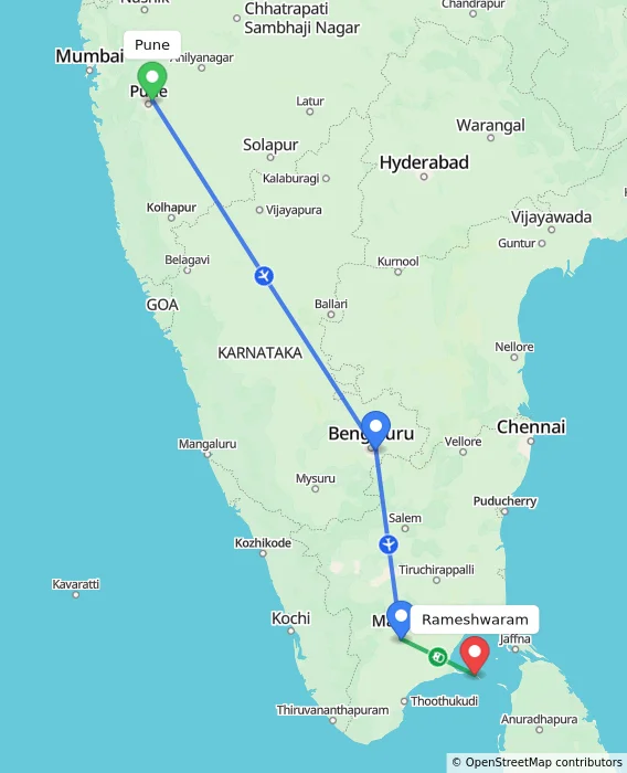 Route map showing distance and travel time from Pune, India to Rameshwaram, India