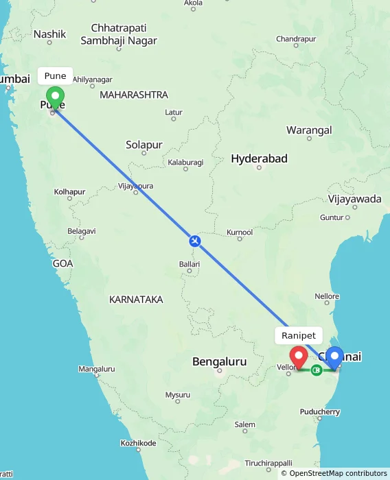 Route map showing distance and travel time from Pune, India to Ranipet, India