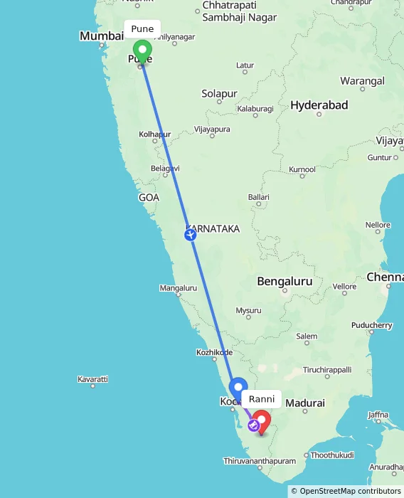 Route map showing distance and travel time from Pune, India to Ranni, India