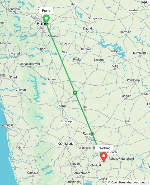 Route map showing distance and travel time from Pune, India to Raybag, India