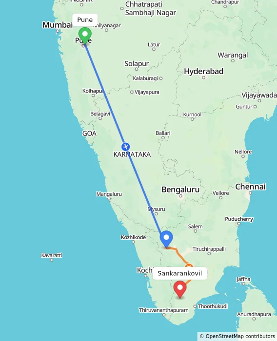 Route map showing distance and travel time from Pune, India to Sankarankovil, India