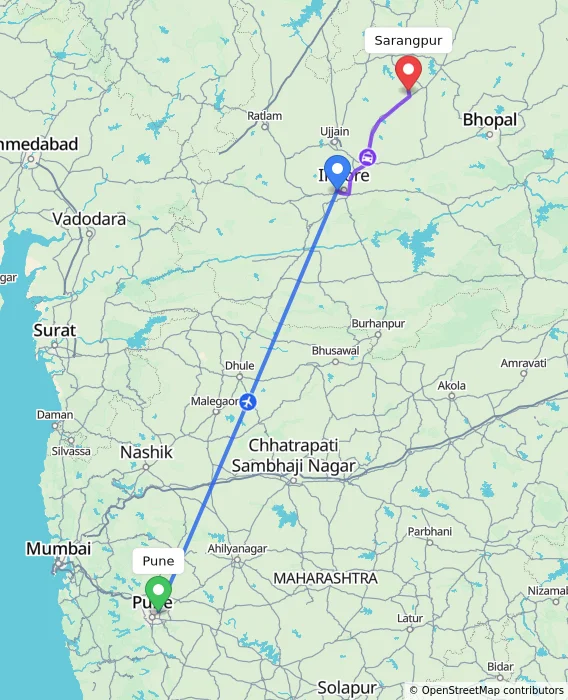 Route map showing distance and travel time from Pune, India to Sarangpur, India