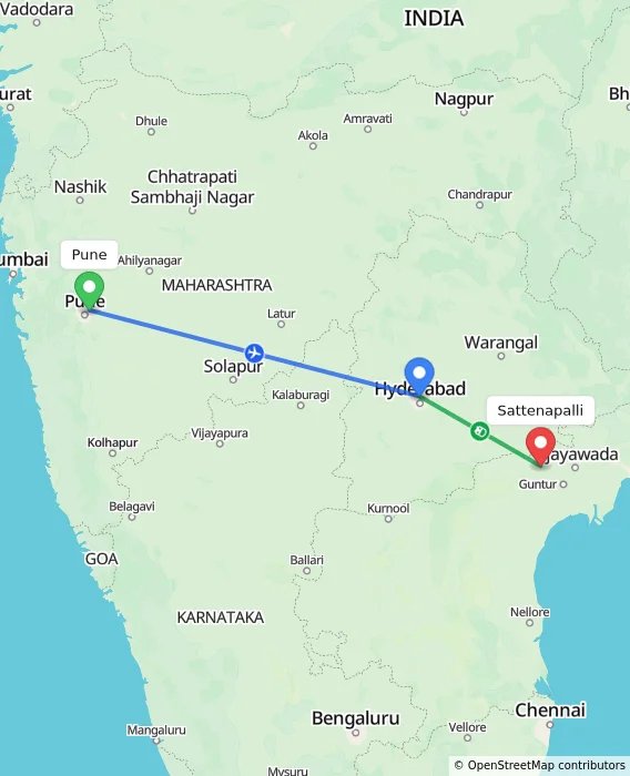 Route map showing distance and travel time from Pune, India to Sattenapalli, India