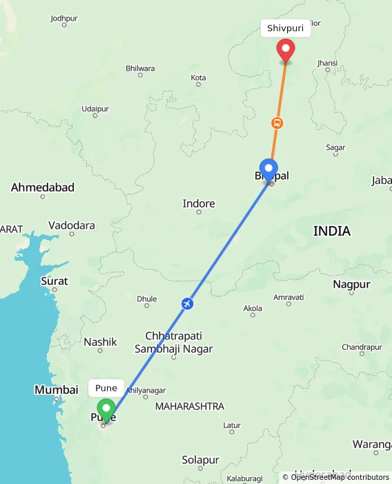 Route map showing distance and travel time from Pune, India to Shivpuri, India