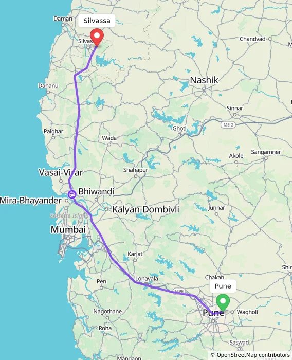 Route map showing distance and travel time from Pune, India to Silvassa, India
