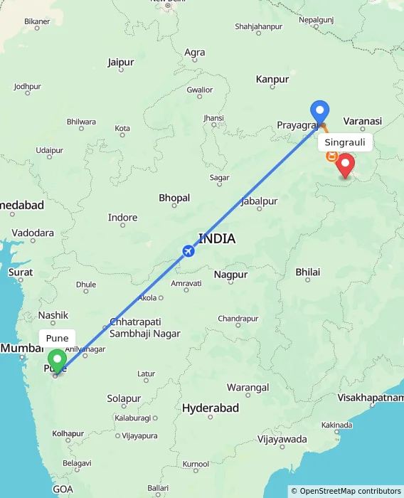 Route map showing distance and travel time from Pune, India to Singrauli, India