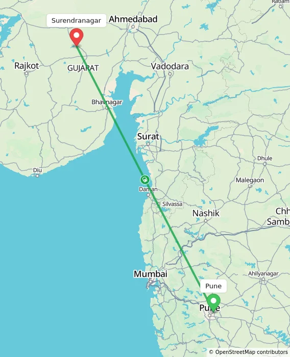 Route map showing distance and travel time from Pune, India to Surendranagar, India
