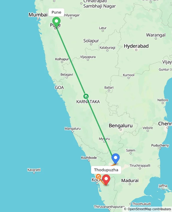 Route map showing distance and travel time from Pune, India to Thodupuzha, India