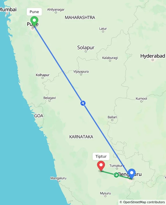 Route map showing distance and travel time from Pune, India to Tiptur, India