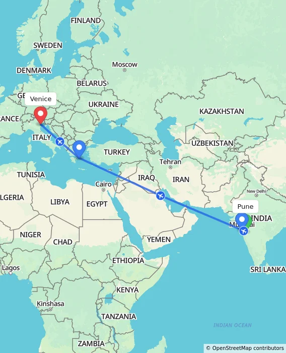 Route map showing distance and travel time from Pune, India to Venice, Italy