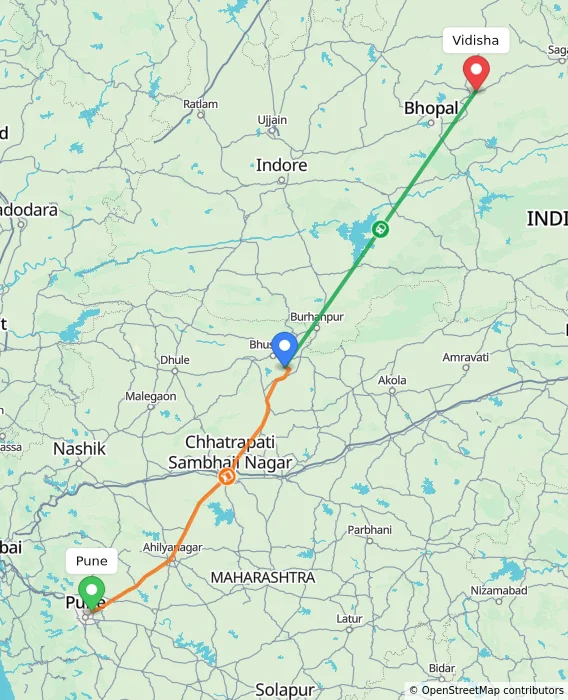 Route map showing distance and travel time from Pune, India to Vidisha, India