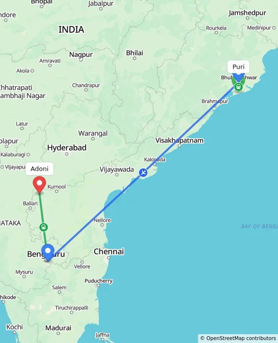 Route map showing distance and travel time from Puri, India to Adoni, India