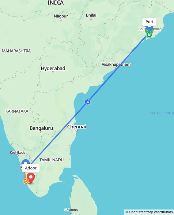 Route map showing distance and travel time from Puri, India to Adoor, India