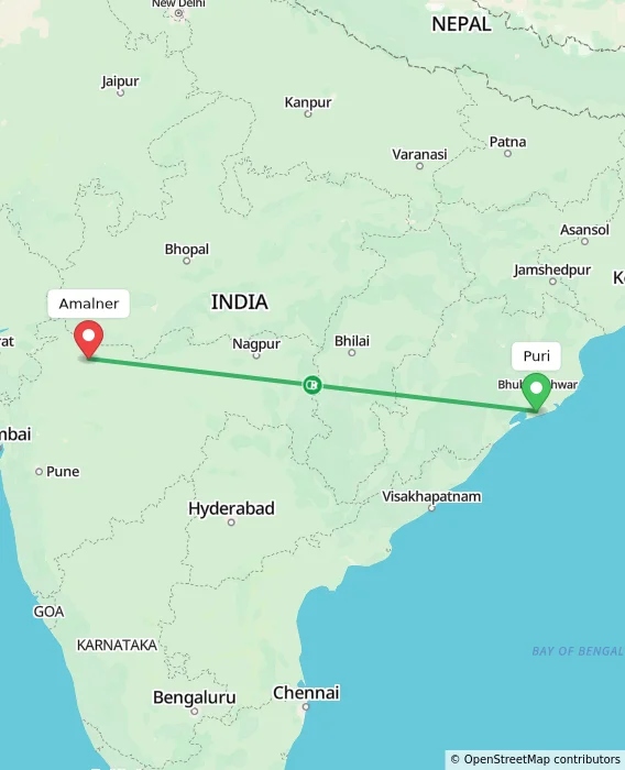 Route map showing distance and travel time from Puri, India to Amalner, India