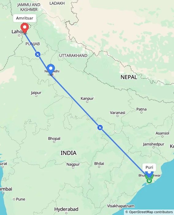 Route map showing distance and travel time from Puri, India to Amritsar, India