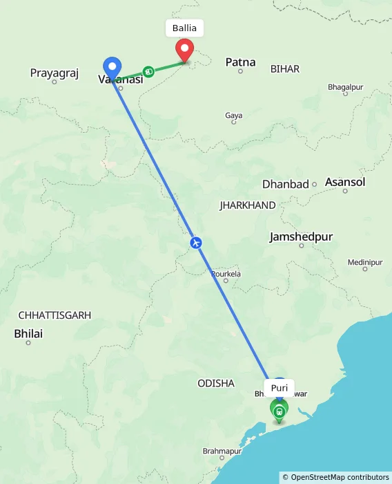 Route map showing distance and travel time from Puri, India to Ballia, India