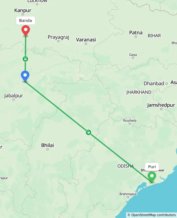 Route map showing distance and travel time from Puri, India to Banda, India