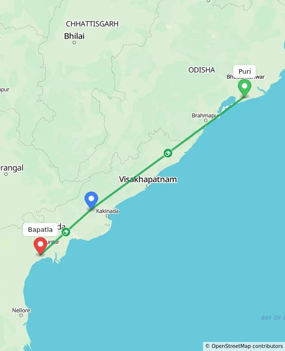 Route map showing distance and travel time from Puri, India to Bapatla, India