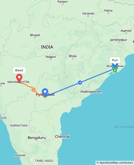 Route map showing distance and travel time from Puri, India to Beed, India