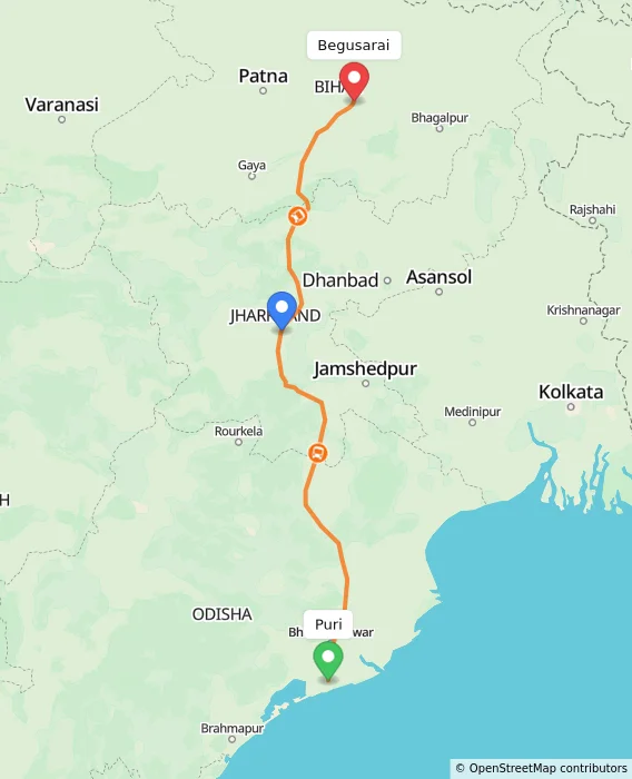 Route map showing distance and travel time from Puri, India to Begusarai, India