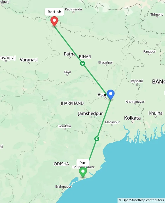 Route map showing distance and travel time from Puri, India to Bettiah, India