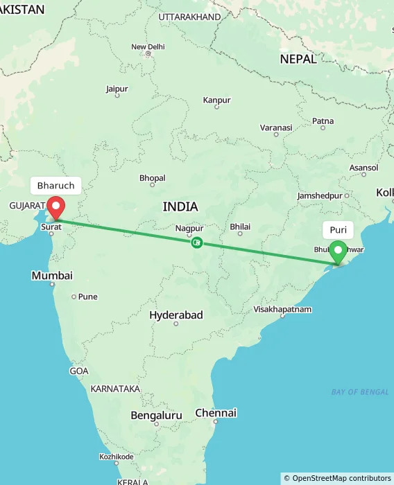 Route map showing distance and travel time from Puri, India to Bharuch, India